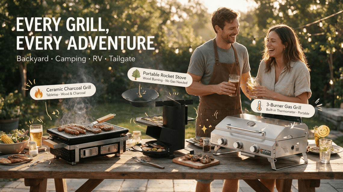 Onlyfire Amazon storefront blog hero banner, golden-hour backyard party scene: a long wooden table displays from left to right the black tabletop ceramic charcoal grill (with sausages grilling), the black portable rocket stove (with grill grate accessories floating above it), and the brushed stainless steel 3-burner gas grill (with built-in lid thermometer); a Western couple in their 20s-30s, casual outfits and apron, laughing and clinking glasses behind the table, with green lawn and warm bokeh string lights in the background. Bold headline "EVERY GRILL, EVERY ADVENTURE" with subtitle "Backyard · Camping · RV · Tailgate" and three capsule labels pointing to each product — "Ceramic Charcoal Grill · Tabletop · Wood & Charcoal", "Portable Rocket Stove · Wood Burning · No Gas Needed", "3-Burner Gas Grill · Built-in Thermometer · Portable" — decorated with hand-drawn flame, tree, thermometer doodles and sparkle accents.