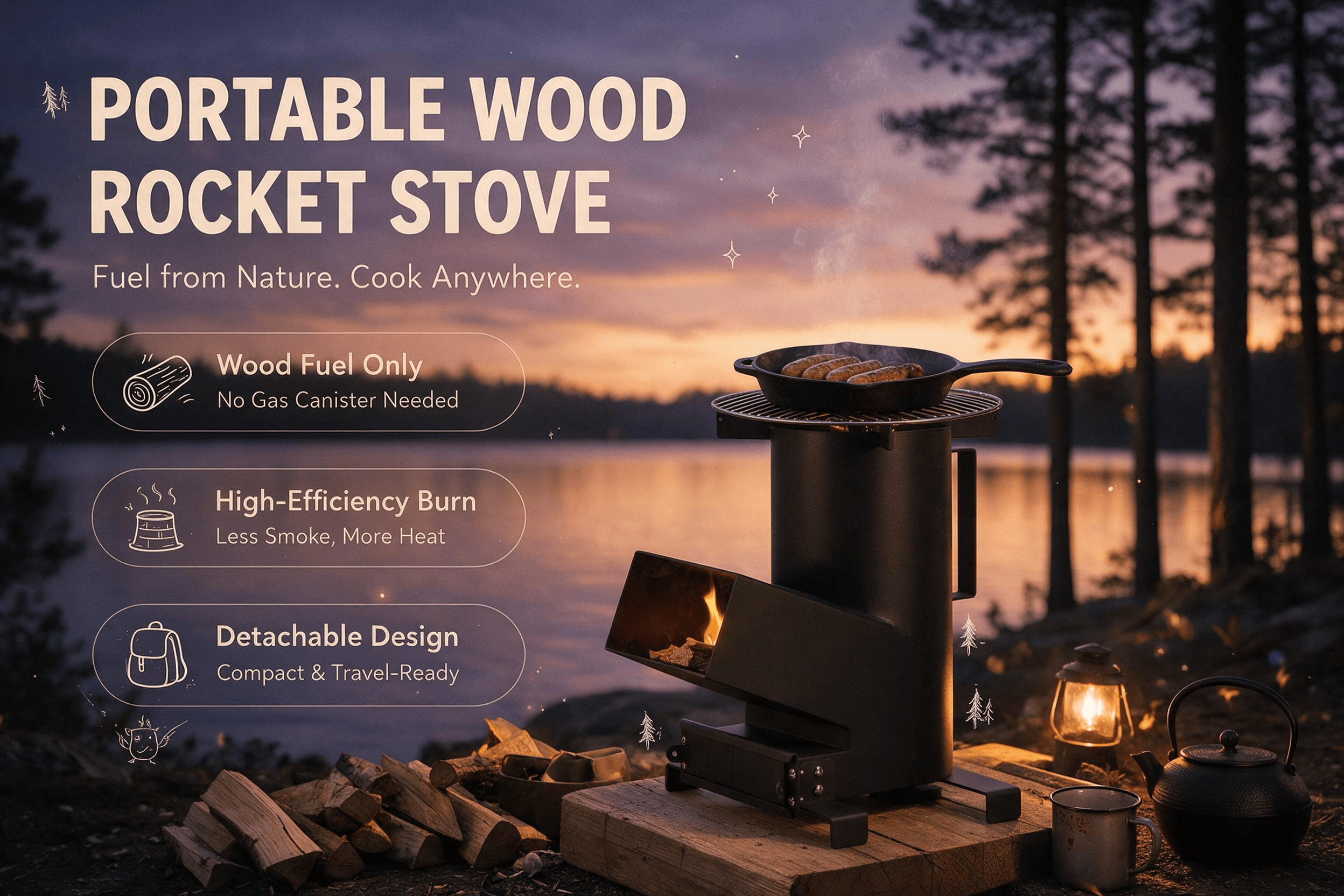 Onlyfire portable wood-burning rocket stove in a lakeside dusk camping scene: matte black rocket stove sits on a wooden log platform with a cast-iron skillet of sausages on the round grill grate, an open flame glowing inside the front feeding chute; firewood, a vintage camping lantern, an enamel mug and a cast-iron kettle beside it, with a twilight lake and pine trees in the background. Bold headline "PORTABLE WOOD ROCKET STOVE" with subtitle "Fuel from Nature. Cook Anywhere." and three rounded callout labels — "Wood Fuel Only · No Gas Canister Needed", "High-Efficiency Burn · Less Smoke, More Heat", "Detachable Design · Compact & Travel-Ready" — decorated with hand-drawn pine trees, sparkles and a small sprite doodle.