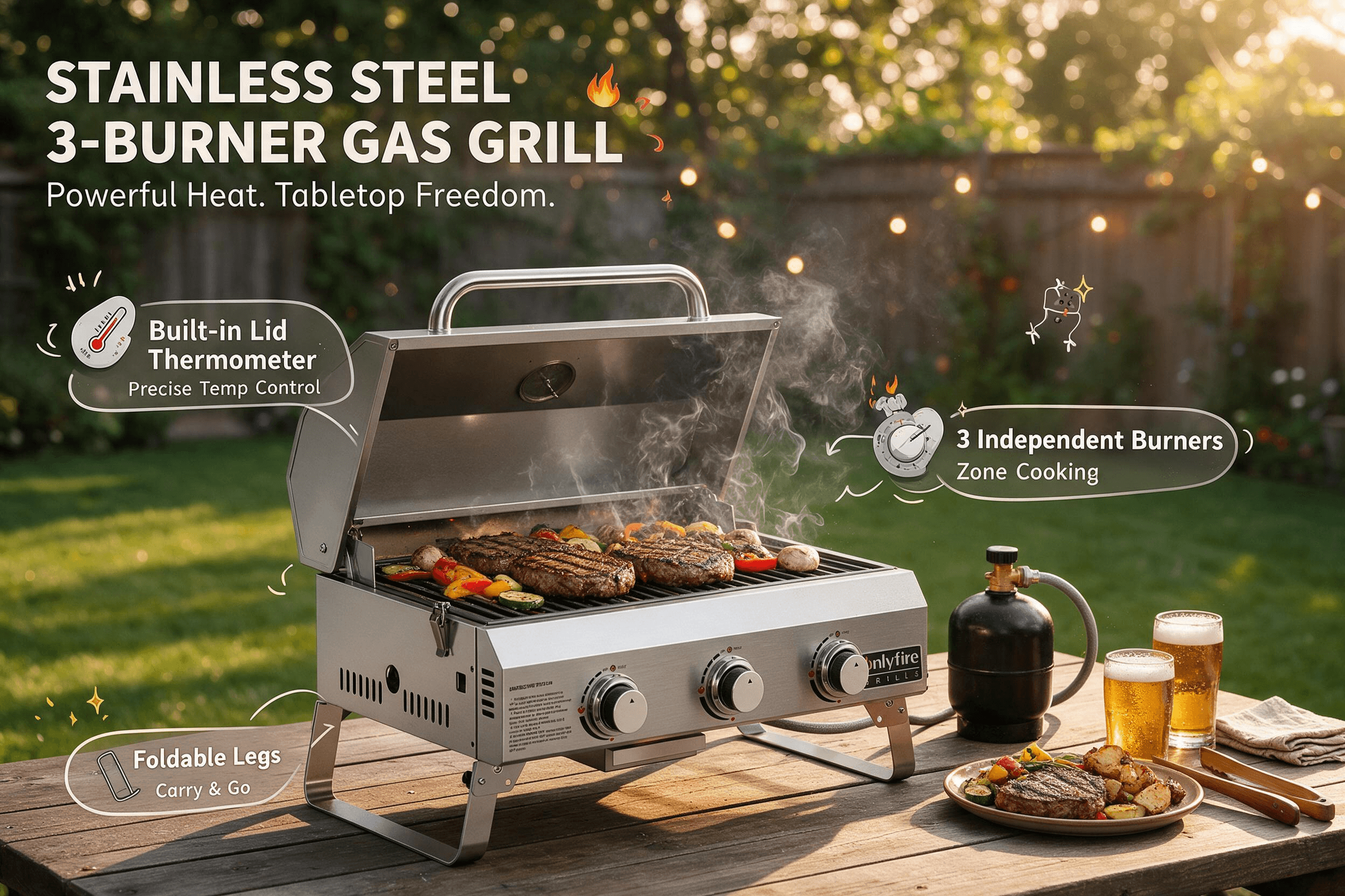 Onlyfire stainless steel 3-burner tabletop gas grill in a backyard lawn golden-hour scene: brushed stainless steel body with lid open, round built-in lid temperature gauge on top, three silver control knobs with red indicator dots on the front panel, folding stainless steel legs; steaks, bell peppers and mushrooms grilling on the grate with soft smoke; a black propane tank, two beers, a plated grilled steak with vegetables, wooden tongs and napkin beside it. Bold headline "STAINLESS STEEL 3-BURNER GAS GRILL" with subtitle "Powerful Heat. Tabletop Freedom." and three rounded callout labels — "Built-in Lid Thermometer · Precise Temp Control", "3 Independent Burners · Zone Cooking", "Foldable Legs · Carry & Go" — accented with hand-drawn flames, a cartoon thermometer character and sparkle stars.