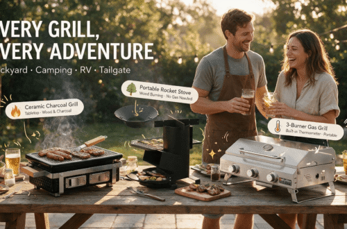 Onlyfire Amazon storefront blog hero banner, golden-hour backyard party scene: a long wooden table displays from left to right the black tabletop ceramic charcoal grill (with sausages grilling), the black portable rocket stove (with grill grate accessories floating above it), and the brushed stainless steel 3-burner gas grill (with built-in lid thermometer); a Western couple in their 20s-30s, casual outfits and apron, laughing and clinking glasses behind the table, with green lawn and warm bokeh string lights in the background. Bold headline "EVERY GRILL, EVERY ADVENTURE" with subtitle "Backyard · Camping · RV · Tailgate" and three capsule labels pointing to each product — "Ceramic Charcoal Grill · Tabletop · Wood & Charcoal", "Portable Rocket Stove · Wood Burning · No Gas Needed", "3-Burner Gas Grill · Built-in Thermometer · Portable" — decorated with hand-drawn flame, tree, thermometer doodles and sparkle accents.
