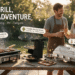 Onlyfire Amazon storefront blog hero banner, golden-hour backyard party scene: a long wooden table displays from left to right the black tabletop ceramic charcoal grill (with sausages grilling), the black portable rocket stove (with grill grate accessories floating above it), and the brushed stainless steel 3-burner gas grill (with built-in lid thermometer); a Western couple in their 20s-30s, casual outfits and apron, laughing and clinking glasses behind the table, with green lawn and warm bokeh string lights in the background. Bold headline "EVERY GRILL, EVERY ADVENTURE" with subtitle "Backyard · Camping · RV · Tailgate" and three capsule labels pointing to each product — "Ceramic Charcoal Grill · Tabletop · Wood & Charcoal", "Portable Rocket Stove · Wood Burning · No Gas Needed", "3-Burner Gas Grill · Built-in Thermometer · Portable" — decorated with hand-drawn flame, tree, thermometer doodles and sparkle accents.