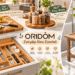 ORIDOM home essentials collage featuring a bamboo drawer organizer, acacia wood Lazy Susan, teak cutting board, and shower bench in modern kitchen and bathroom settings, with stylish English annotations.