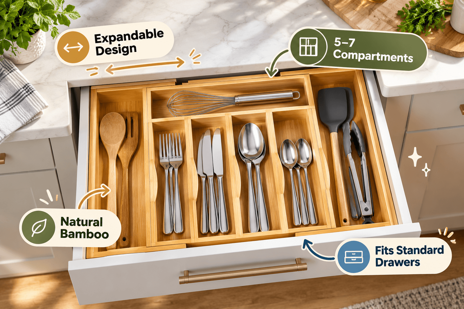 ORIDOM expandable bamboo drawer organizer holding neatly arranged cutlery and utensils in a modern kitchen drawer, with English callouts highlighting its natural bamboo construction and 5β7 compartments.