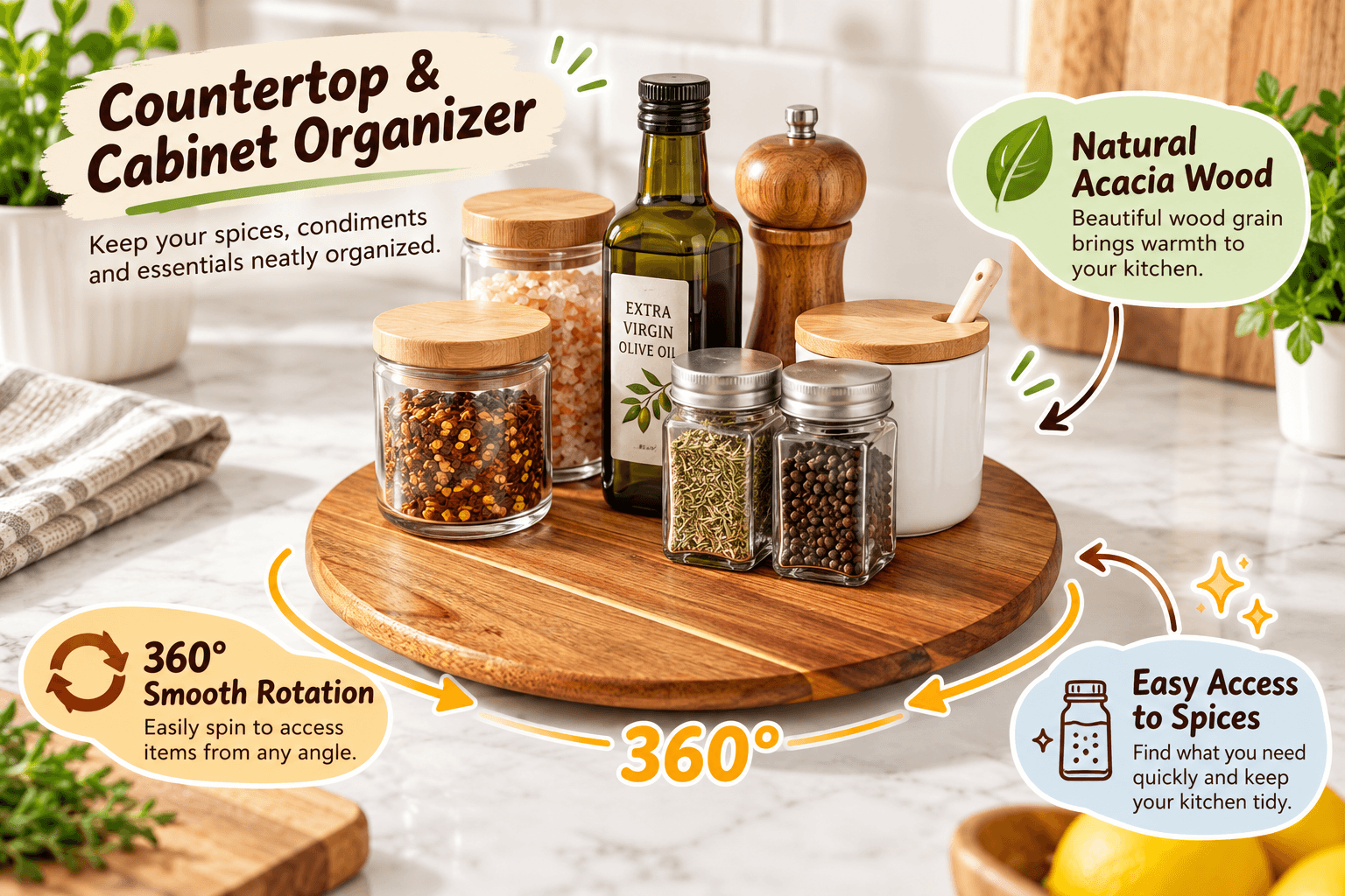 ORIDOM round acacia wood Lazy Susan displaying spice jars, condiments, and olive oil on a bright kitchen countertop, with decorative English callouts highlighting 360Β° smooth rotation and easy access.