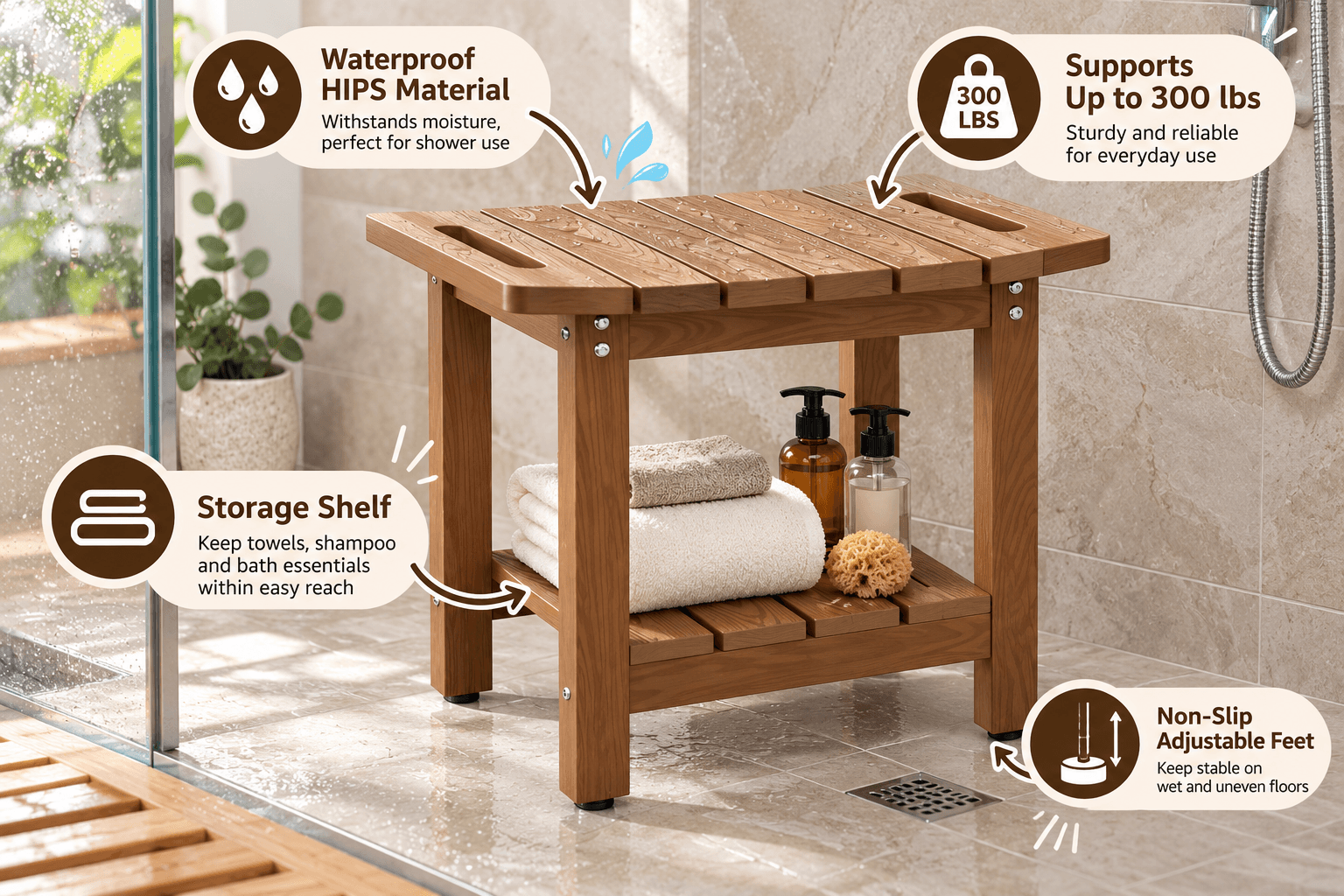 ORIDOM brown waterproof HIPS shower bench in a modern tiled bathroom, featuring a lower storage shelf with towels and bath essentials. English callouts highlight adjustable non-slip feet and 300 lb capacity.