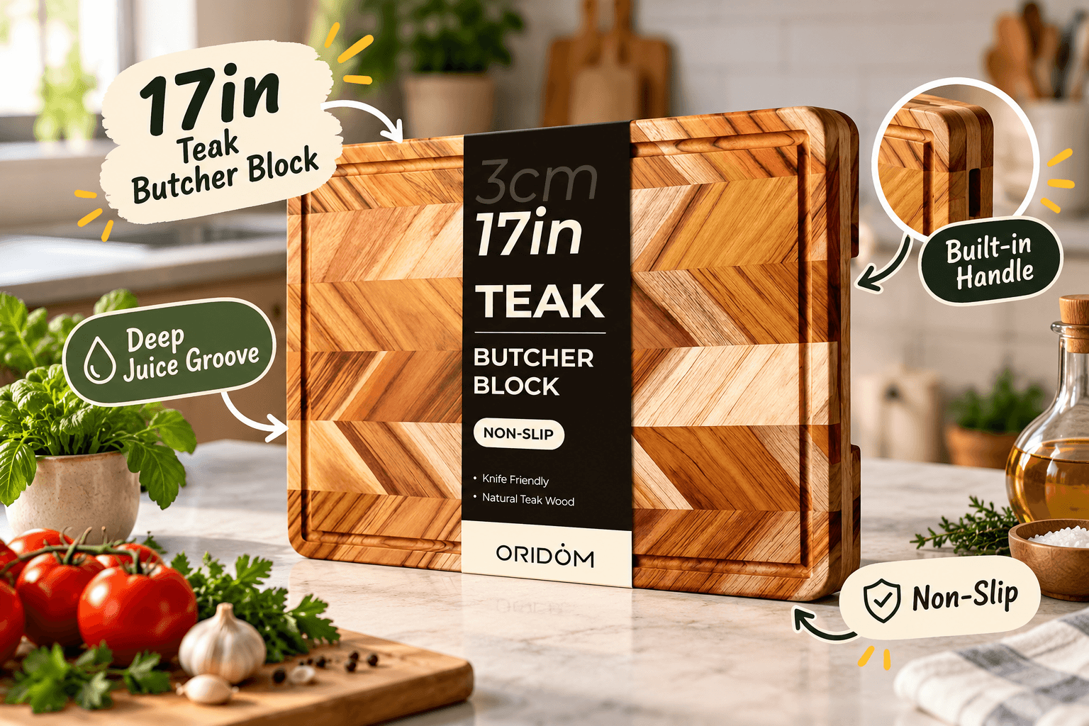 ORIDOM 17-inch teak butcher block with a distinctive herringbone wood pattern and original product label, displayed on a modern kitchen countertop. English annotations highlight its juice groove, built-in handle, and non-slip design.