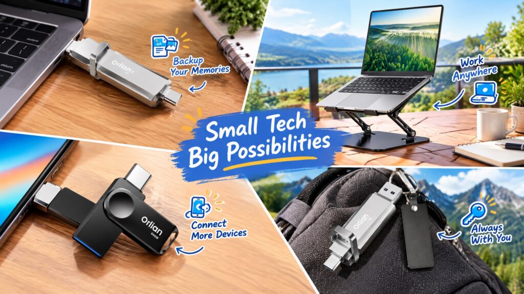 Promotional image for Orlian portable tech accessories, featuring a four-panel collage showing dual-interface USB flash drives and a laptop stand used in real-life scenarios like backup, connectivity, portability, and mobile work, with a central blue brushstroke headline “Small Tech Big Possibilities” and cartoon icon callouts.