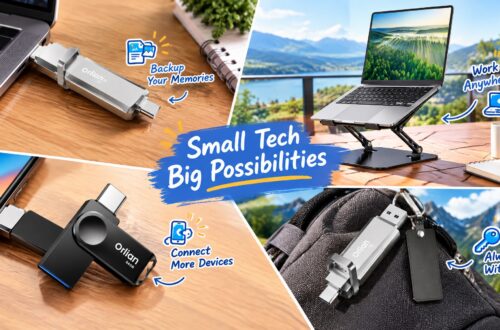 Promotional image for Orlian portable tech accessories, featuring a four-panel collage showing dual-interface USB flash drives and a laptop stand used in real-life scenarios like backup, connectivity, portability, and mobile work, with a central blue brushstroke headline “Small Tech Big Possibilities” and cartoon icon callouts.