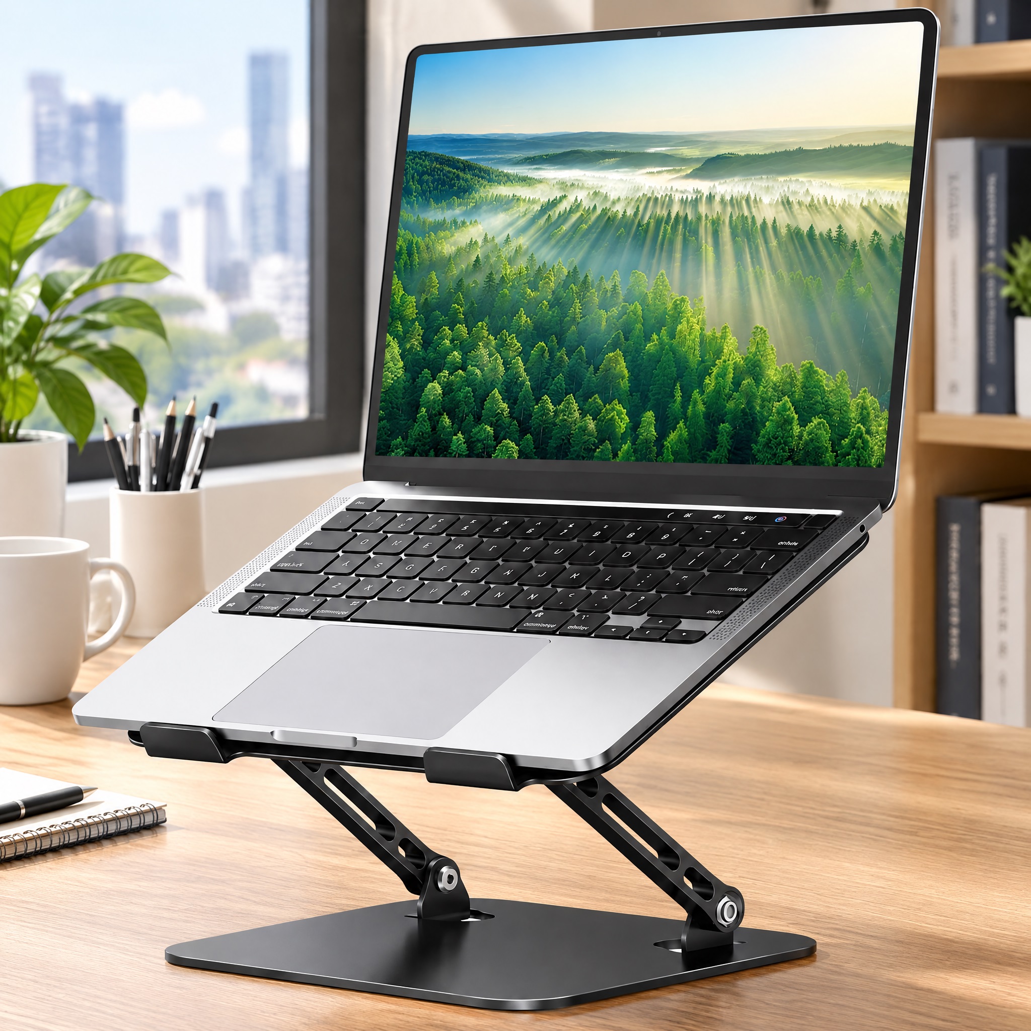Orlian black aluminum laptop stand in a bright home office setting, holding a silver laptop displaying a forest landscape on the screen.