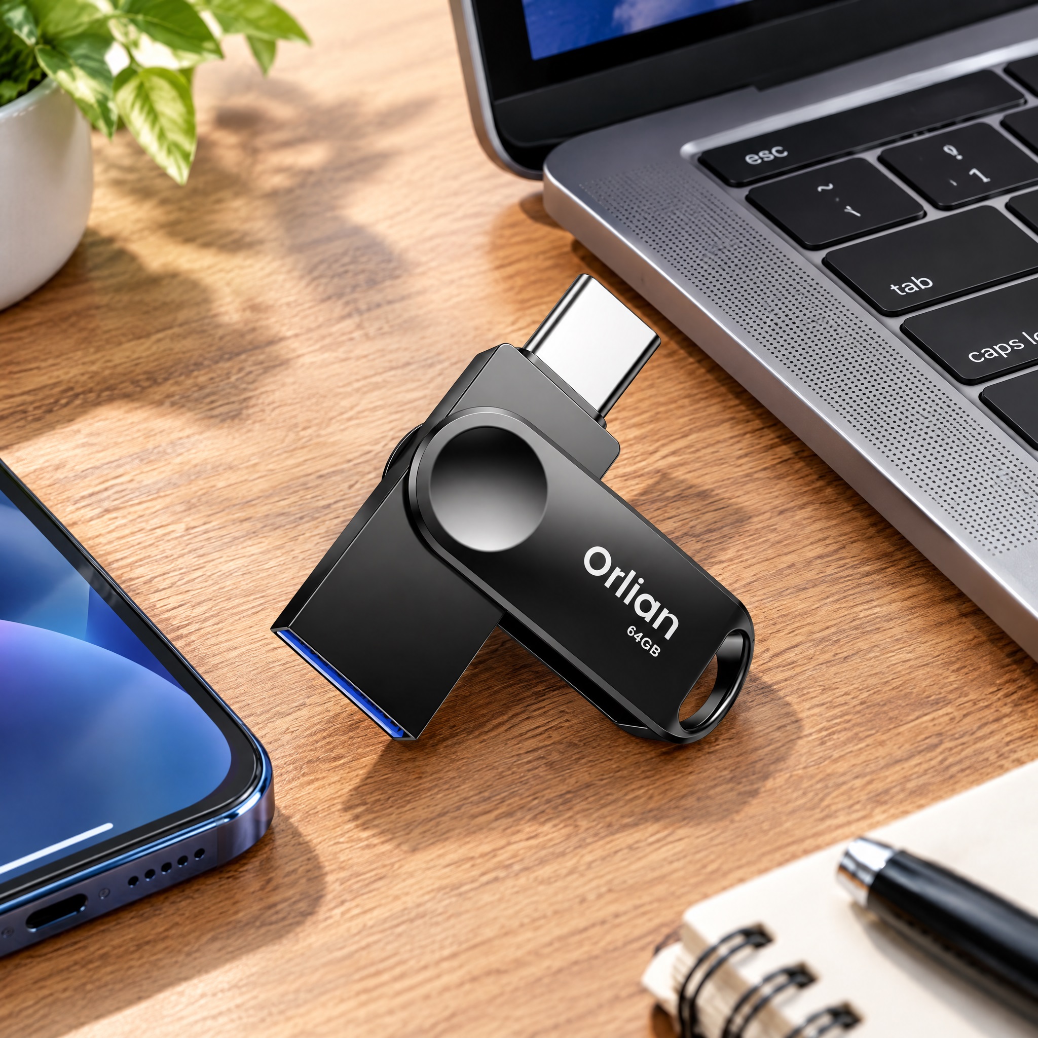 Orlian black 64GB dual-interface USB flash drive (USB-A and Type-C) placed on a modern wooden desk with a laptop, smartphone, notebook, and plant, showcasing everyday use.