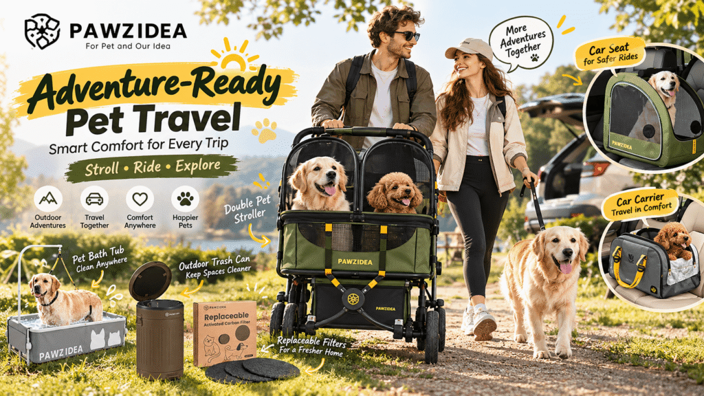 PAWZIDEA pet travel banner featuring a couple pushing a double pet stroller with two dogs in a sunny park. Illustrated callouts showcase pet carriers, a grooming bathtub, an outdoor waste bin, and replacement carbon filters.
