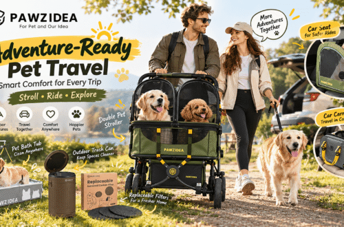 PAWZIDEA pet travel banner featuring a couple pushing a double pet stroller with two dogs in a sunny park. Illustrated callouts showcase pet carriers, a grooming bathtub, an outdoor waste bin, and replacement carbon filters.
