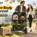 PAWZIDEA pet travel banner featuring a couple pushing a double pet stroller with two dogs in a sunny park. Illustrated callouts showcase pet carriers, a grooming bathtub, an outdoor waste bin, and replacement carbon filters.