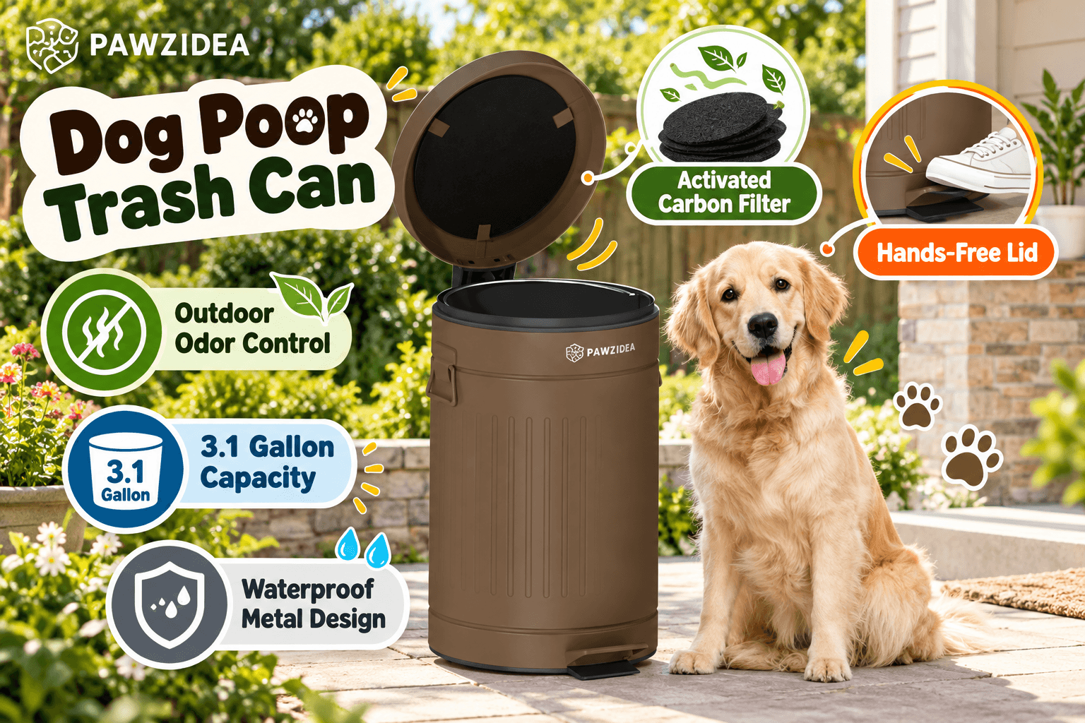 Brown PAWZIDEA 3.1-gallon outdoor dog waste trash can with an open lid beside a golden retriever on a sunny garden patio. Colorful callouts highlight activated carbon odor control, waterproof metal construction, and foot-pedal operation.