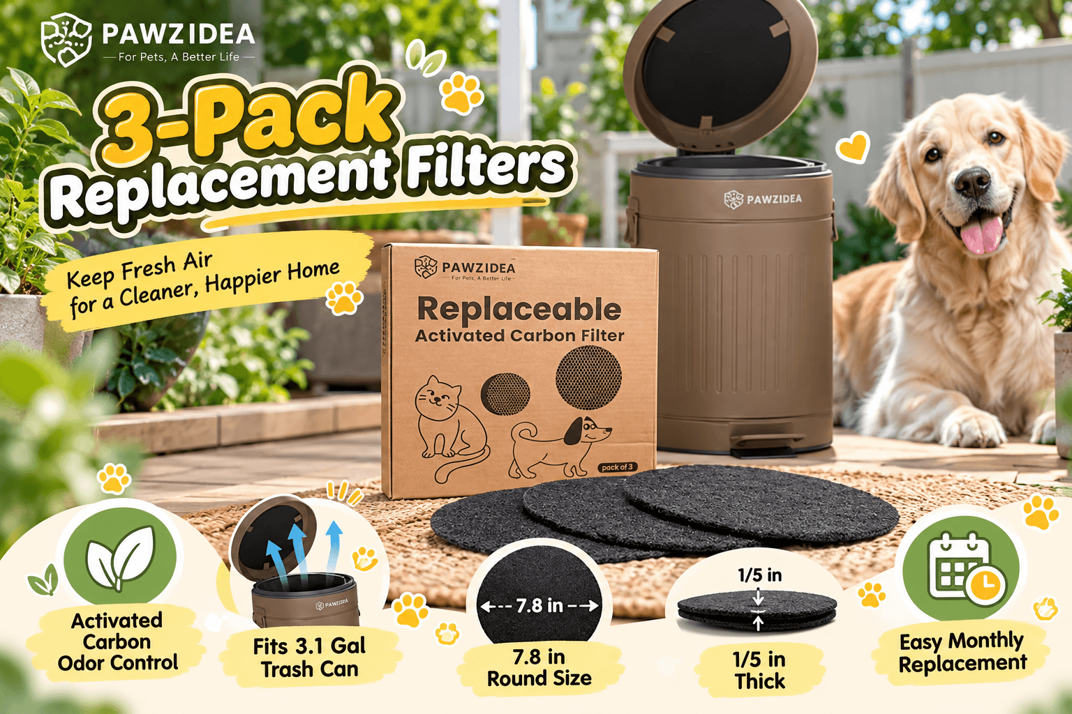 PAWZIDEA 3-pack activated carbon replacement filters displayed with their original packaging on a garden patio beside a matching pet waste bin and golden retriever. Illustrated labels highlight odor control, 7.8-inch round filters, and monthly replacement.