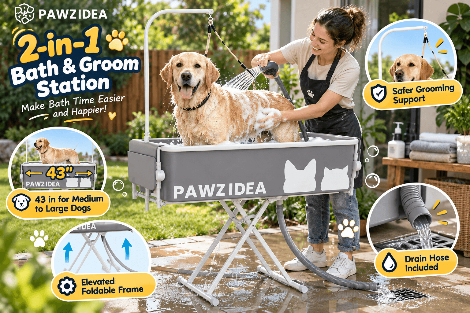 A woman bathes a golden retriever in the gray PAWZIDEA 43-inch elevated dog grooming tub on a sunny patio. Informative cartoon callouts showcase the foldable support frame, grooming restraint arm, and included drainage hose.