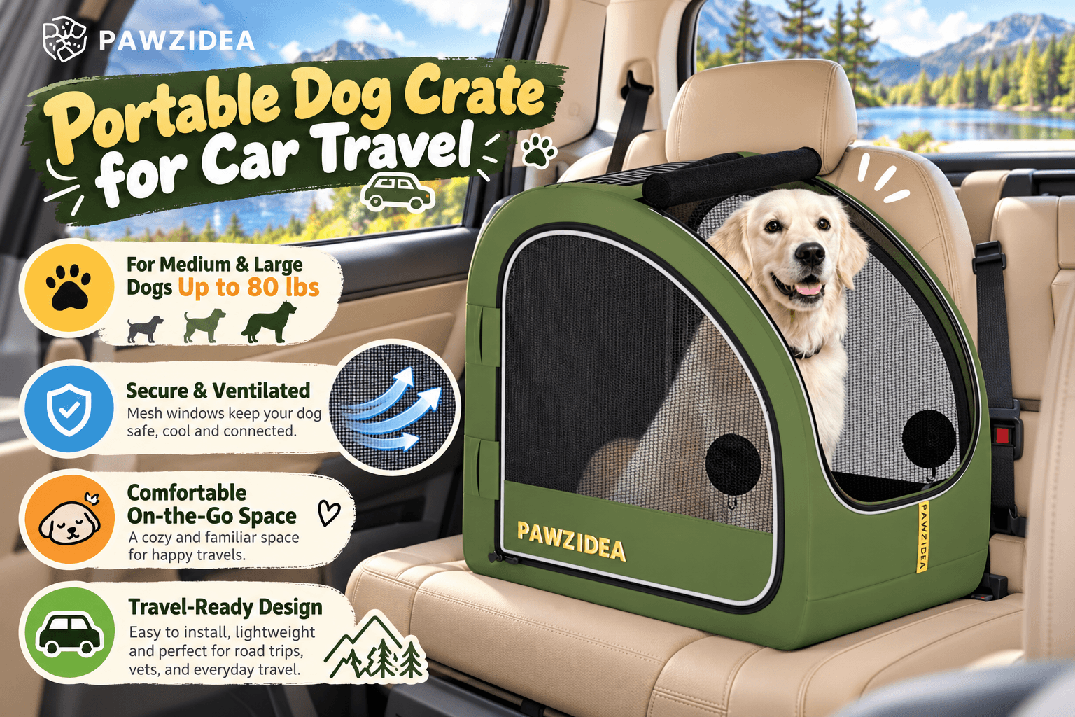 Olive-green PAWZIDEA portable dog travel crate with black mesh ventilation panels, placed on a beige SUV seat with a golden retriever inside. Travel-themed graphics highlight its enclosed design, breathable mesh, and suitability for dogs up to 80 lbs.