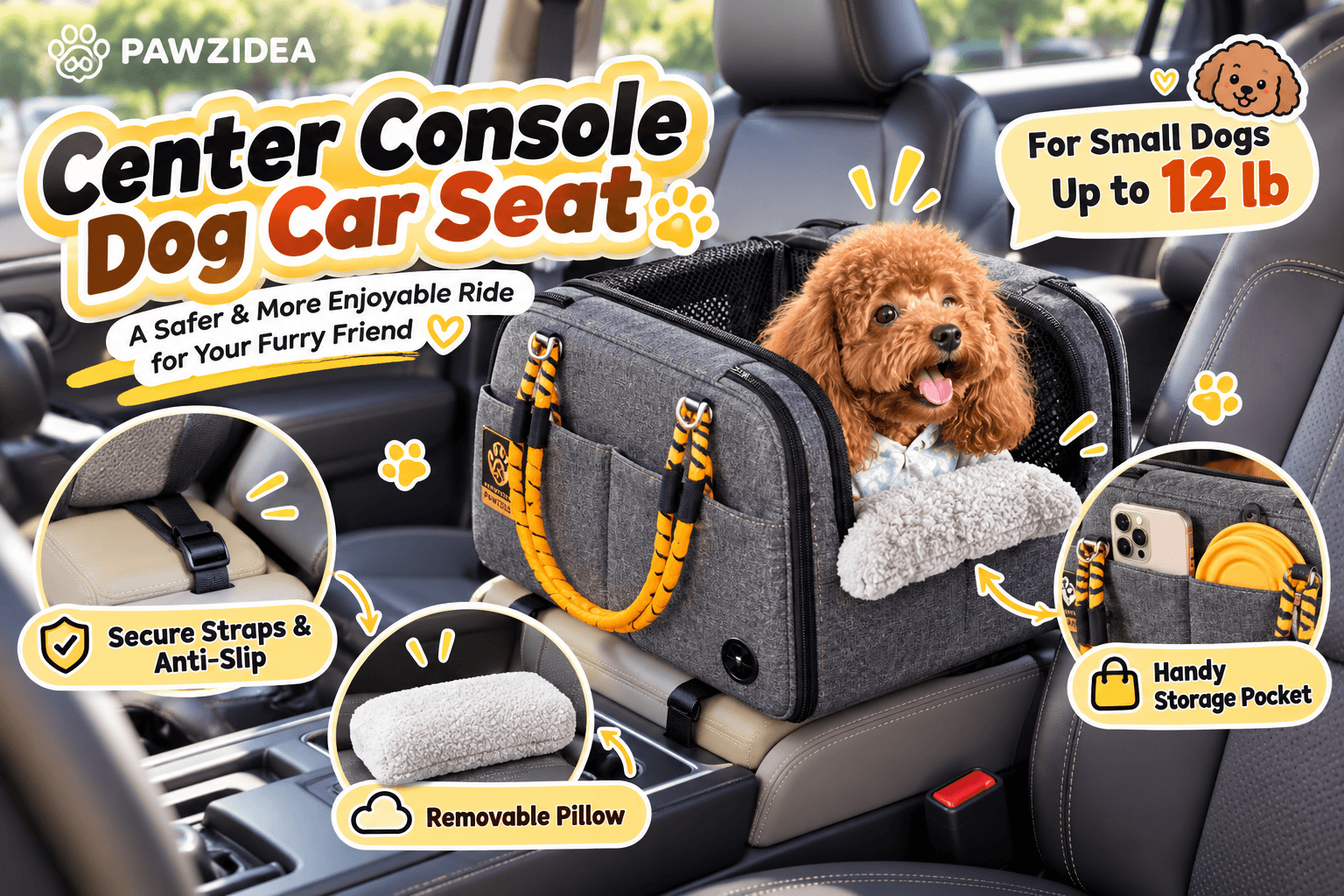 A small brown poodle sits in a gray PAWZIDEA center console dog car seat with yellow rope handles inside a vehicle. Playful illustrated labels highlight secure anti-slip straps, a removable cushion, a storage pocket, and support for dogs up to 12 lbs.