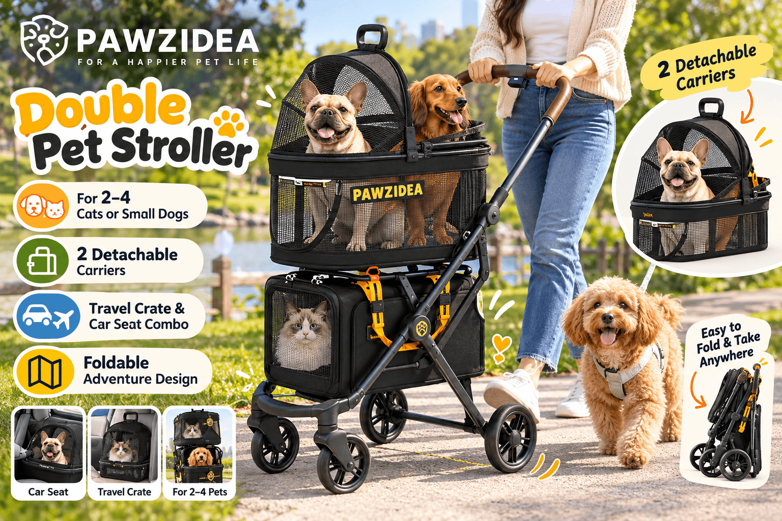 PAWZIDEA black double pet stroller carrying two small dogs and a cat in separate mesh compartments as its owner walks through a sunny park. Colorful callouts showcase two detachable pet carriers, travel crate conversion, and a foldable stroller frame.