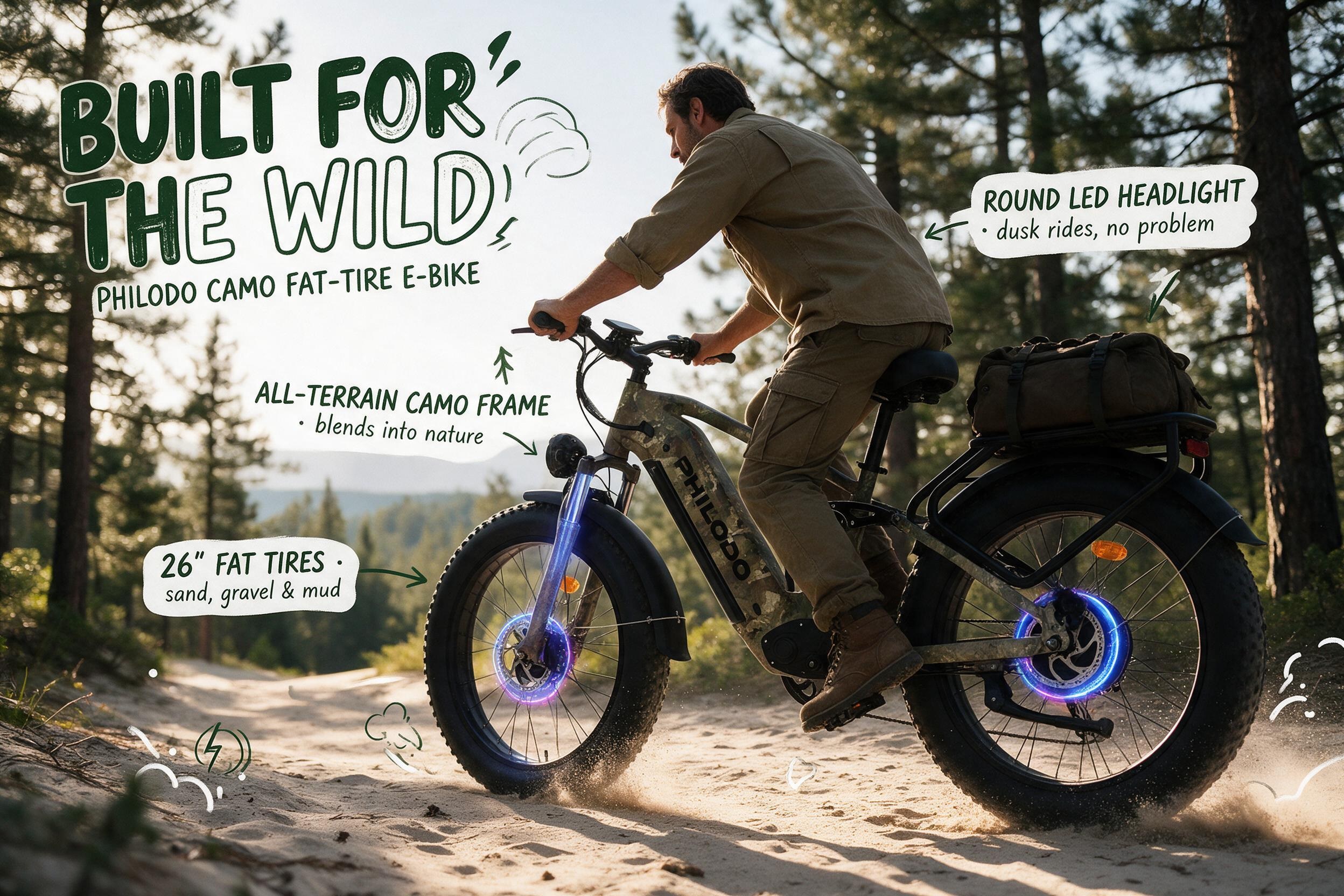 A rider in outdoor gear riding the PHILODO camouflage fat-tire e-bike along a sandy forest trail in late afternoon, pine trees and dappled sunlight, with hand-drawn annotation cards "BUILT FOR THE WILD," "26" FAT TIRES," "ALL-TERRAIN CAMO FRAME," and "ROUND LED HEADLIGHT."