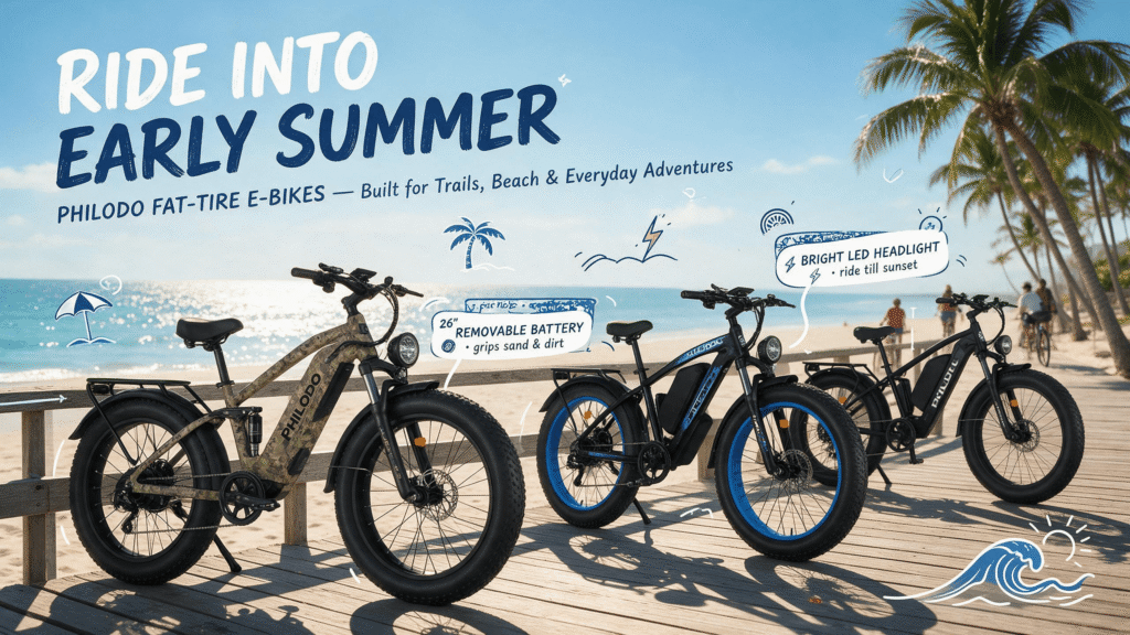 PHILODO fat-tire electric e-bikes (camo Falcon ST and black-blue AWD models) parked along a sunny coastal boardwalk in early summer, palm trees and sandy beach in the background, overlaid with hand-drawn infographic callouts "RIDE INTO EARLY SUMMER," "26" FAT TIRES," "REMOVABLE BATTERY," and "BRIGHT LED HEADLIGHT."
