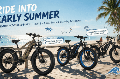 PHILODO fat-tire electric e-bikes (camo Falcon ST and black-blue AWD models) parked along a sunny coastal boardwalk in early summer, palm trees and sandy beach in the background, overlaid with hand-drawn infographic callouts "RIDE INTO EARLY SUMMER," "26" FAT TIRES," "REMOVABLE BATTERY," and "BRIGHT LED HEADLIGHT."