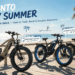 PHILODO fat-tire electric e-bikes (camo Falcon ST and black-blue AWD models) parked along a sunny coastal boardwalk in early summer, palm trees and sandy beach in the background, overlaid with hand-drawn infographic callouts "RIDE INTO EARLY SUMMER," "26" FAT TIRES," "REMOVABLE BATTERY," and "BRIGHT LED HEADLIGHT."