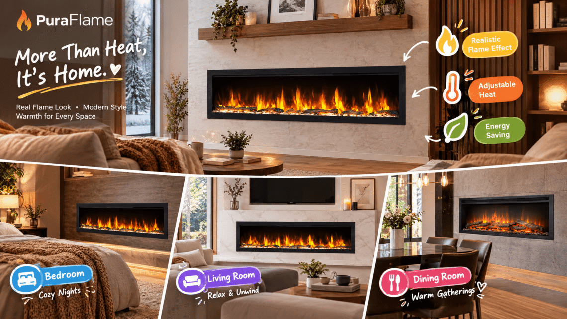 PuraFlame electric fireplace promotional hero image showcasing multiple products in real-life living room, bedroom, and dining room settings, with hand-drawn icons and English feature callouts; warm tones create a cozy home atmosphere.