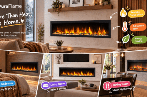 PuraFlame electric fireplace promotional hero image showcasing multiple products in real-life living room, bedroom, and dining room settings, with hand-drawn icons and English feature callouts; warm tones create a cozy home atmosphere.