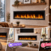 PuraFlame electric fireplace promotional hero image showcasing multiple products in real-life living room, bedroom, and dining room settings, with hand-drawn icons and English feature callouts; warm tones create a cozy home atmosphere.