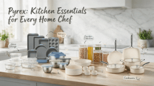 A bright Scandinavian kitchen counter showcasing Pyrex products — glass storage containers, metal bakeware, stainless mixing bowls, ceramic bakeware, glass canisters, and ceramic cookware — with English headline "Pyrex: Kitchen Essentials for Every Home Chef" and cartoon annotation bubbles.