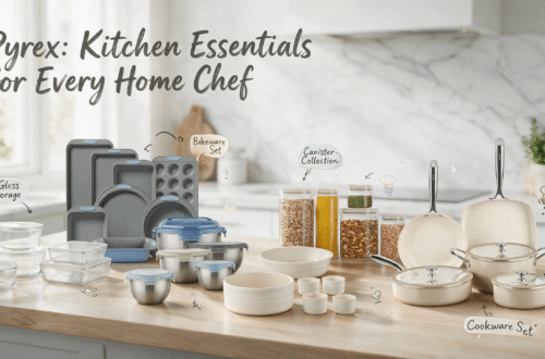 A bright Scandinavian kitchen counter showcasing Pyrex products โ glass storage containers, metal bakeware, stainless mixing bowls, ceramic bakeware, glass canisters, and ceramic cookware โ with English headline "Pyrex: Kitchen Essentials for Every Home Chef" and cartoon annotation bubbles.