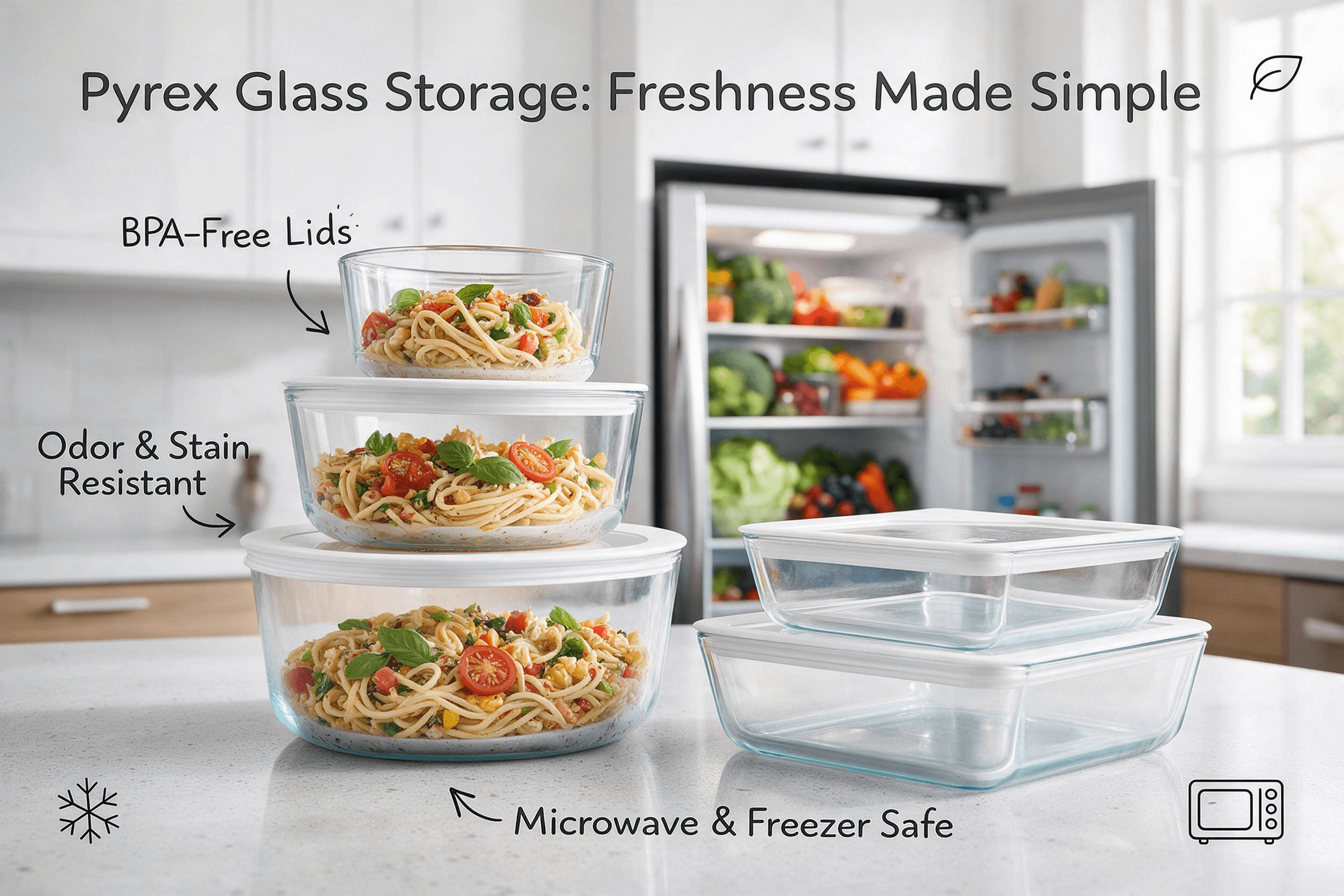 Pyrex clear glass food storage containers with matte white lids on a light quartz kitchen counter, with labels calling out BPA-free lids, microwave & freezer safe, and odor-resistant glass.
