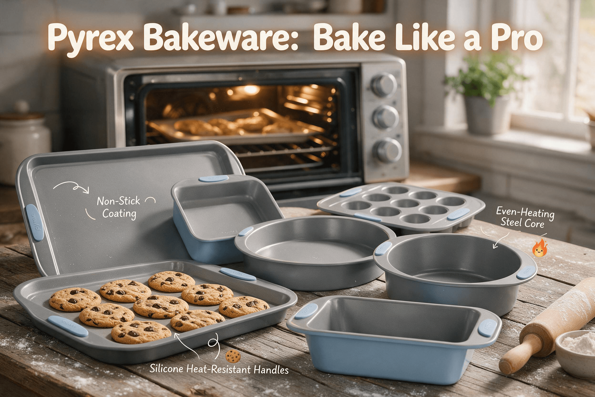 A matte gray non-stick Pyrex metal bakeware set with light blue silicone handles — cookie sheets, muffin pan, round cake pans and loaf pan — staged in a cozy home baking scene with freshly baked cookies.