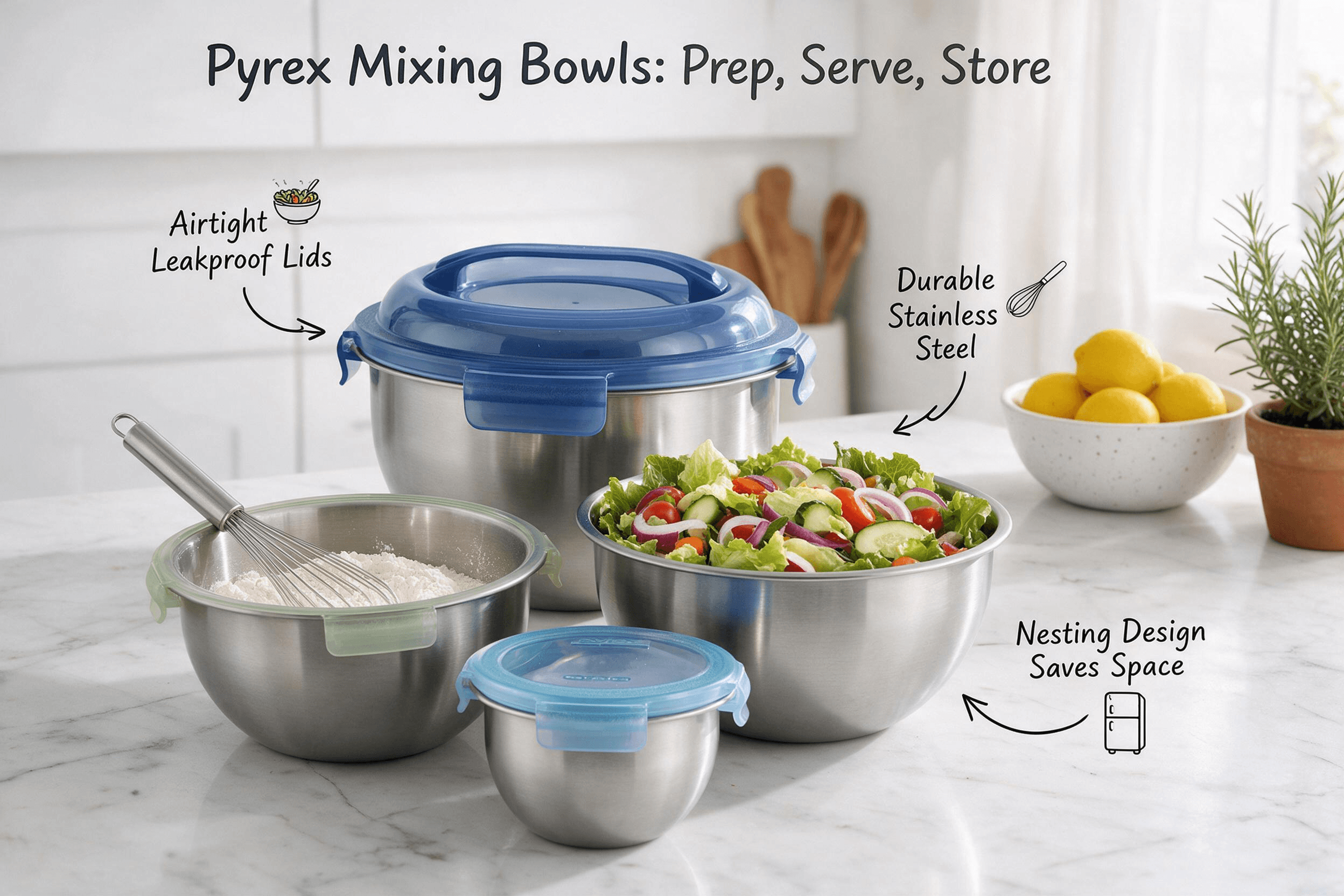 Pyrex stainless steel mixing bowls in four sizes with colored airtight snap-lock lids, arranged on a marble counter during active food prep, highlighting leakproof lids, durable steel, and nesting design.