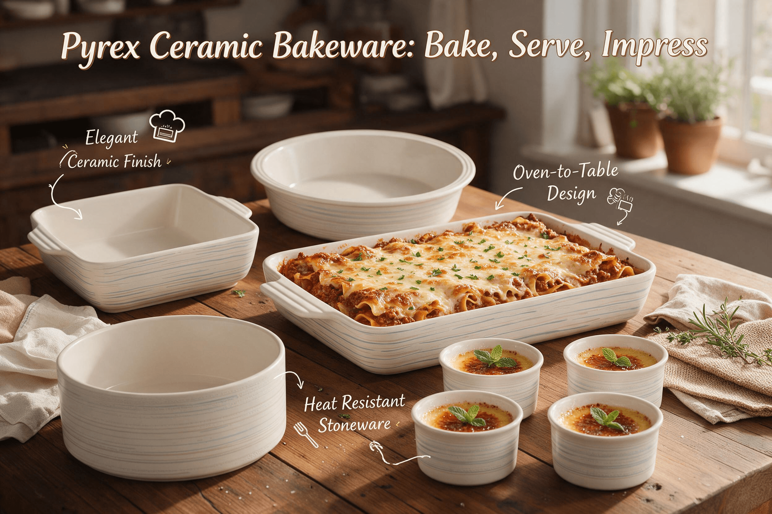 Cream-white Pyrex ceramic bakeware set with delicate pastel blue and pink horizontal stripes — square dish, round deep dish, rectangular roaster, casserole and ramekins — styled oven-to-table on a rustic wooden table.