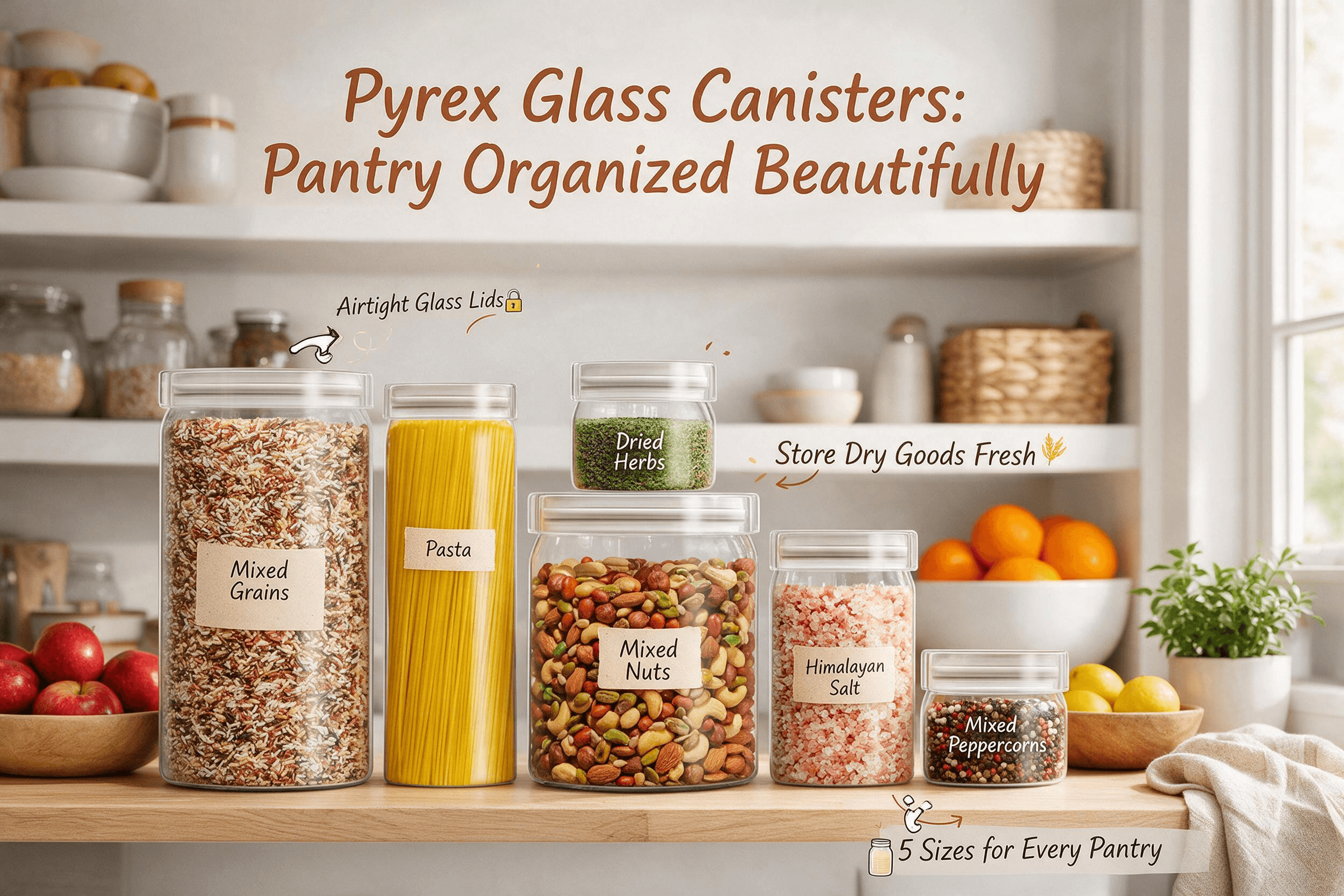 Six sizes of Pyrex clear glass canisters with glass lids on open pantry shelves, filled with pasta, mixed nuts, grains, Himalayan salt, herbs and peppercorns, emphasizing airtight storage for a beautiful organized pantry.