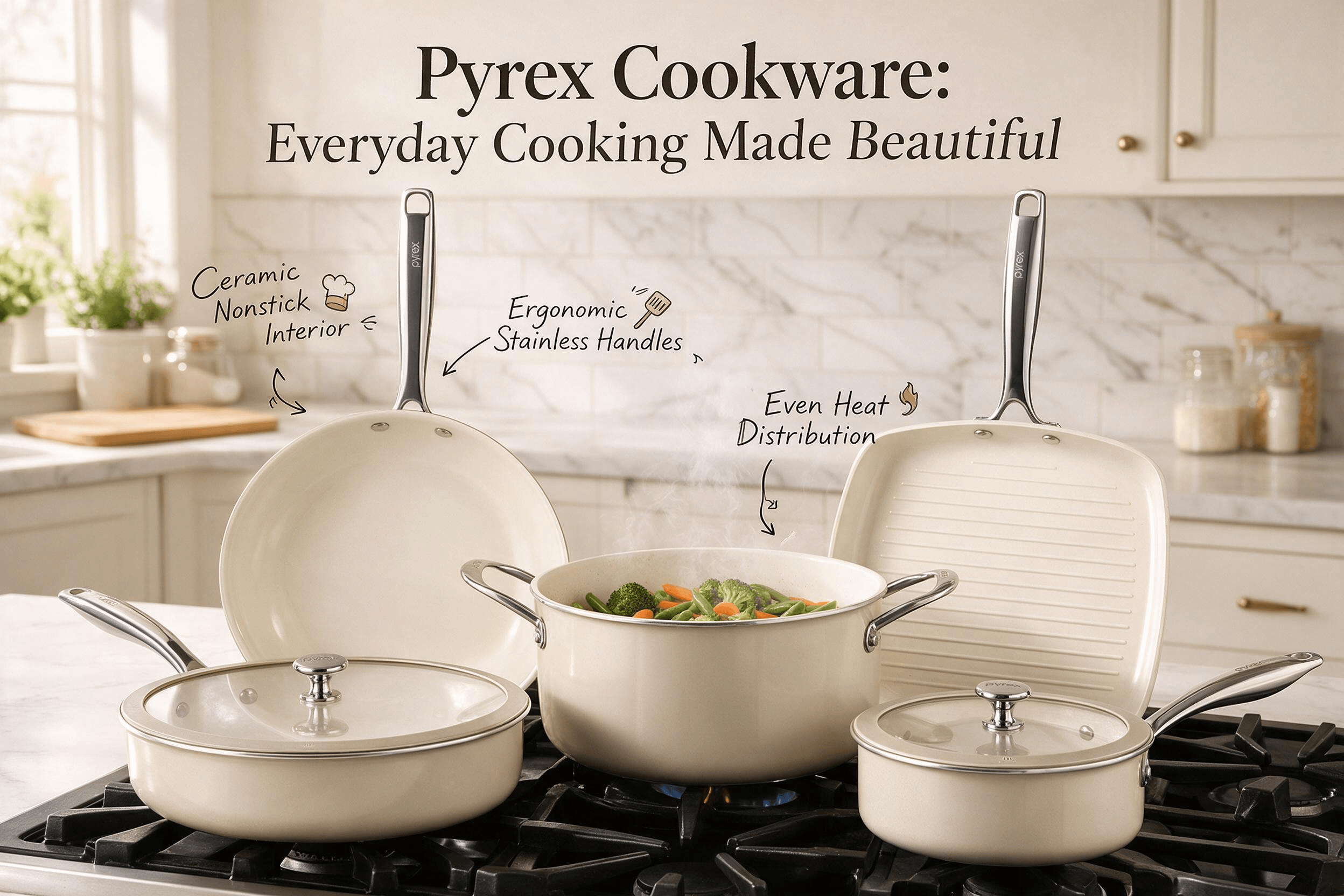 Pyrex cream-white ceramic nonstick cookware set with polished stainless steel handles — frying pan, grill pan, saucepans and stockpot with glass lids — in a modern stovetop scene with vegetables being sautéed.