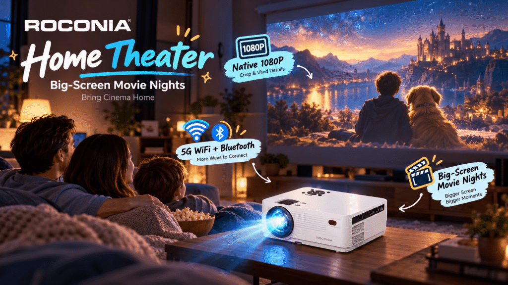 Roconia home theater projector creates a cinematic family movie night in a cozy living room, featuring a large fantasy movie projection, Native 1080P visuals, 5G WiFi and Bluetooth connectivity, with colorful promotional annotations.