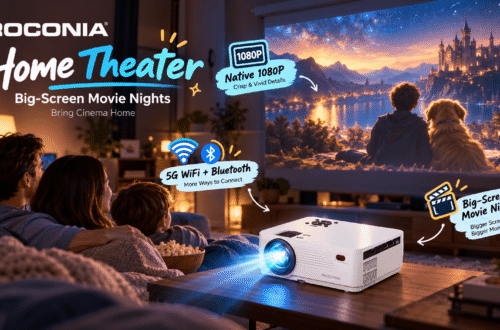 Roconia home theater projector creates a cinematic family movie night in a cozy living room, featuring a large fantasy movie projection, Native 1080P visuals, 5G WiFi and Bluetooth connectivity, with colorful promotional annotations.