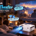 Roconia home theater projector creates a cinematic family movie night in a cozy living room, featuring a large fantasy movie projection, Native 1080P visuals, 5G WiFi and Bluetooth connectivity, with colorful promotional annotations.