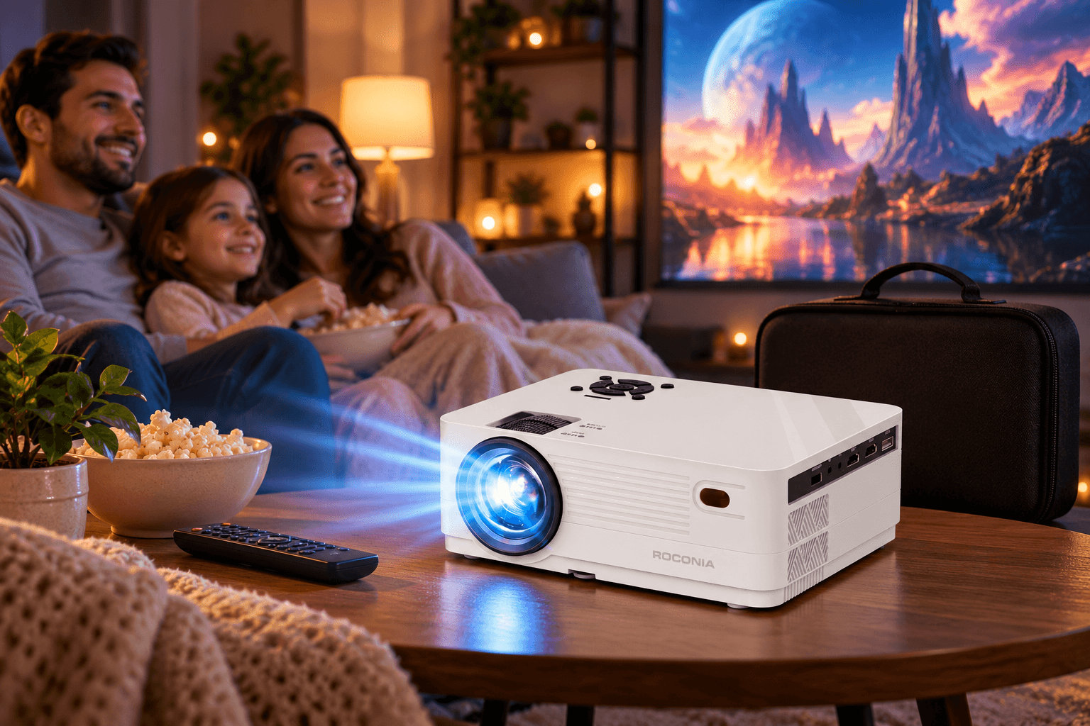 White Roconia home theater projector with a glowing blue lens and portable carrying case on a wooden table, creating a cozy family movie night with a colorful fantasy film projected onto a large living room screen.