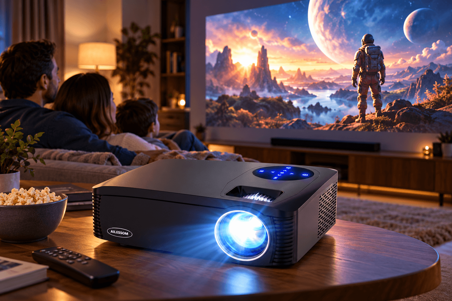 Black Ailessom projector with a bright blue lens and illuminated touch controls on a wooden coffee table, projecting a vivid sci-fi adventure scene as a family enjoys an immersive movie night in a warmly lit living room.