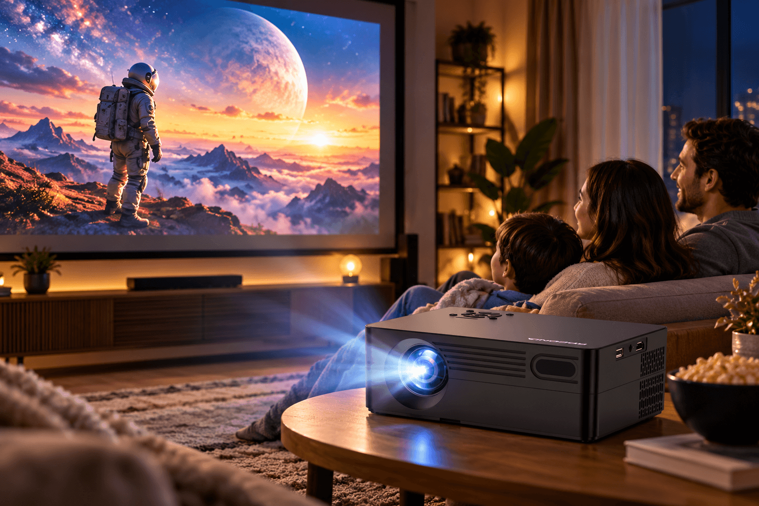 Black home theater projector with a glowing blue lens and compact rectangular design on a wooden coffee table, displaying a stunning sci-fi movie scene with an astronaut and distant planets as a family watches in a cozy living room.
