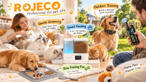 ROJECO pet care collection featuring a smart feeder, steam grooming brush, dog training collar, and slow feeder mat in cozy home and outdoor settings.