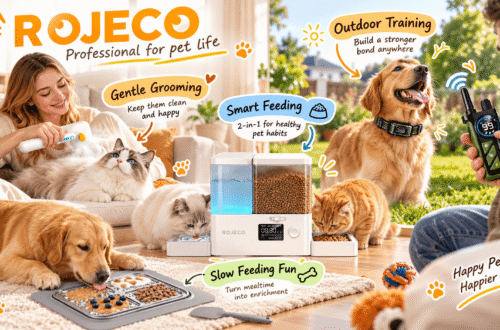 ROJECO pet care collection featuring a smart feeder, steam grooming brush, dog training collar, and slow feeder mat in cozy home and outdoor settings.