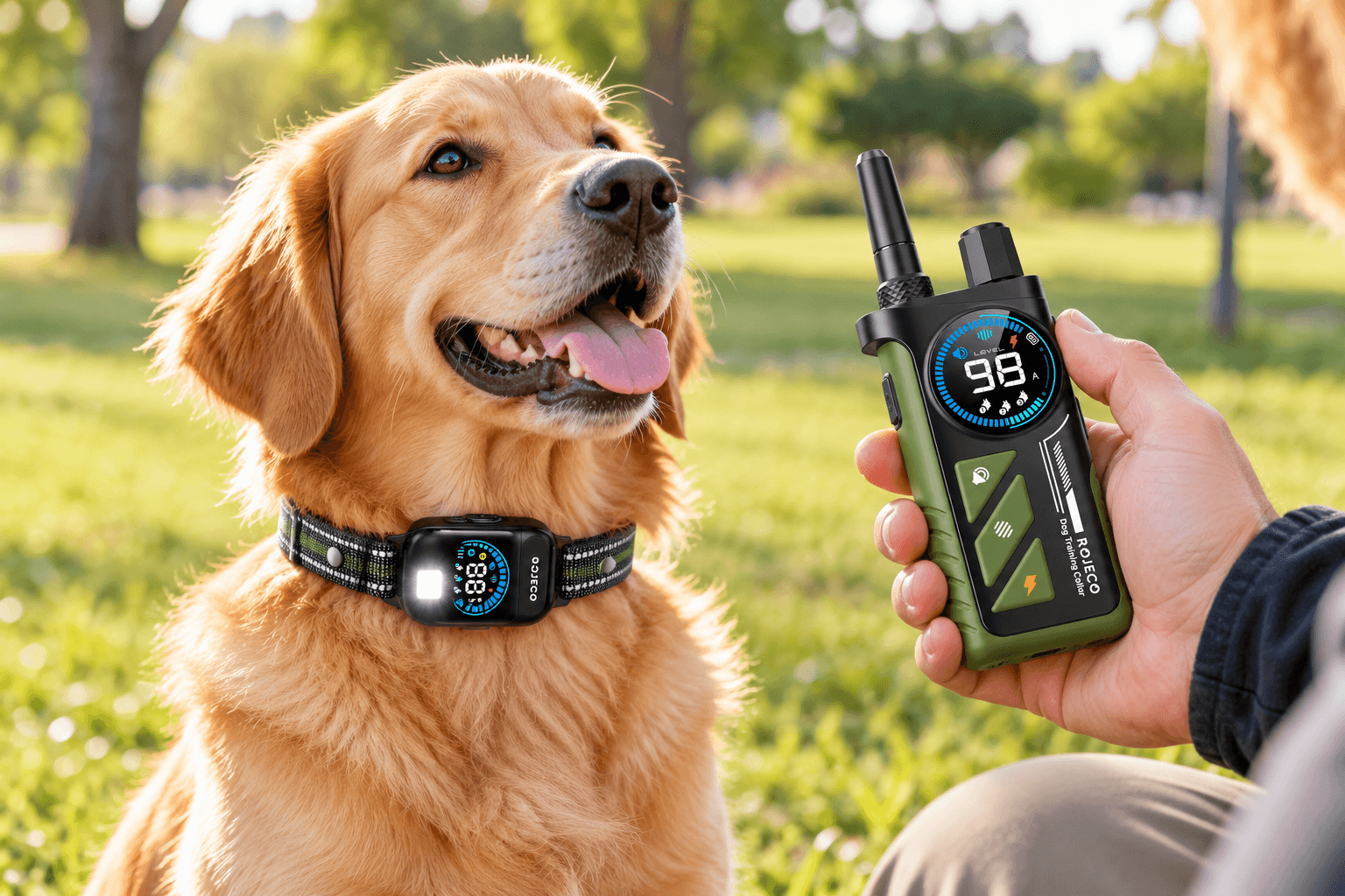 Golden Retriever wearing a ROJECO dog training collar outdoors while its owner holds a green and black remote with a digital display.