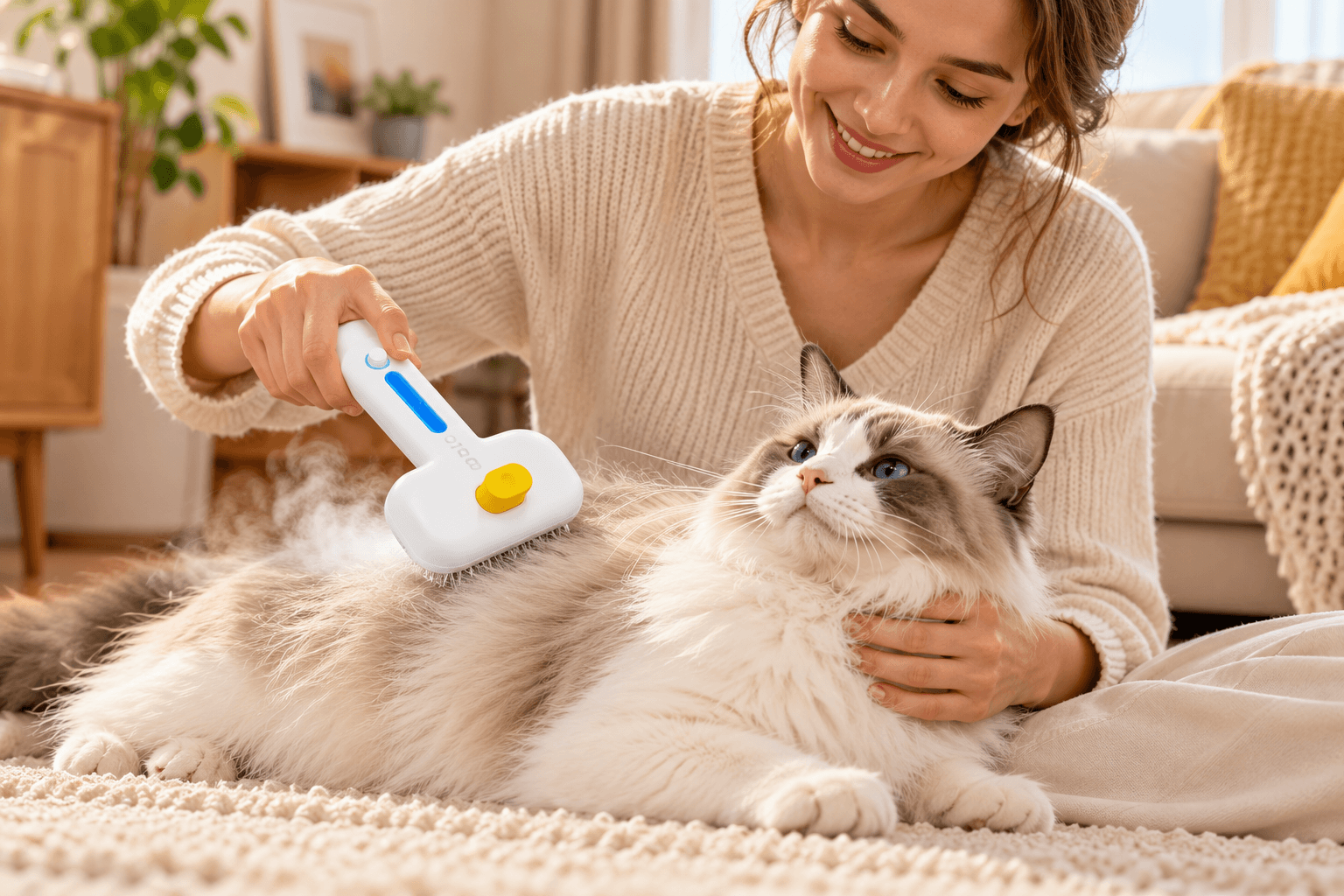 Woman gently grooming a fluffy Ragdoll cat with a white ROJECO steam brush featuring a blue indicator and yellow button in a cozy living room.