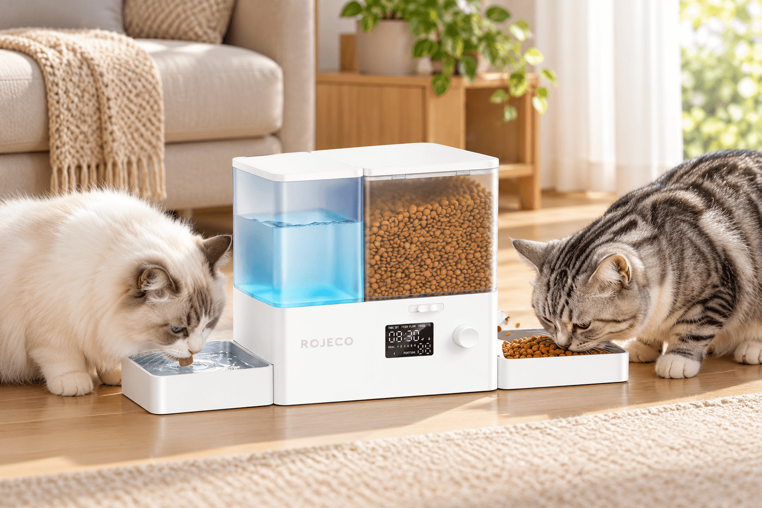 Two cats eating and drinking from a white ROJECO 2-in-1 automatic pet feeder with a blue water tank, transparent food container, and digital display.