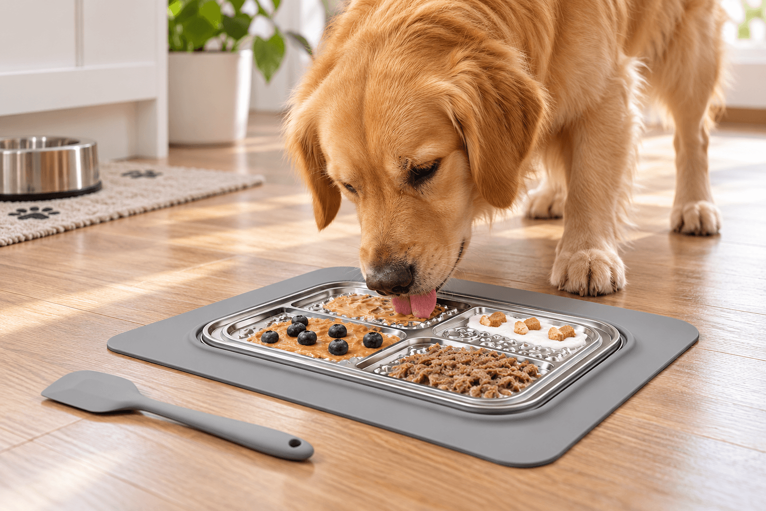 Golden Retriever enjoying treats from a gray ROJECO slow feeder lick mat with textured stainless steel compartments and a matching silicone spatula.